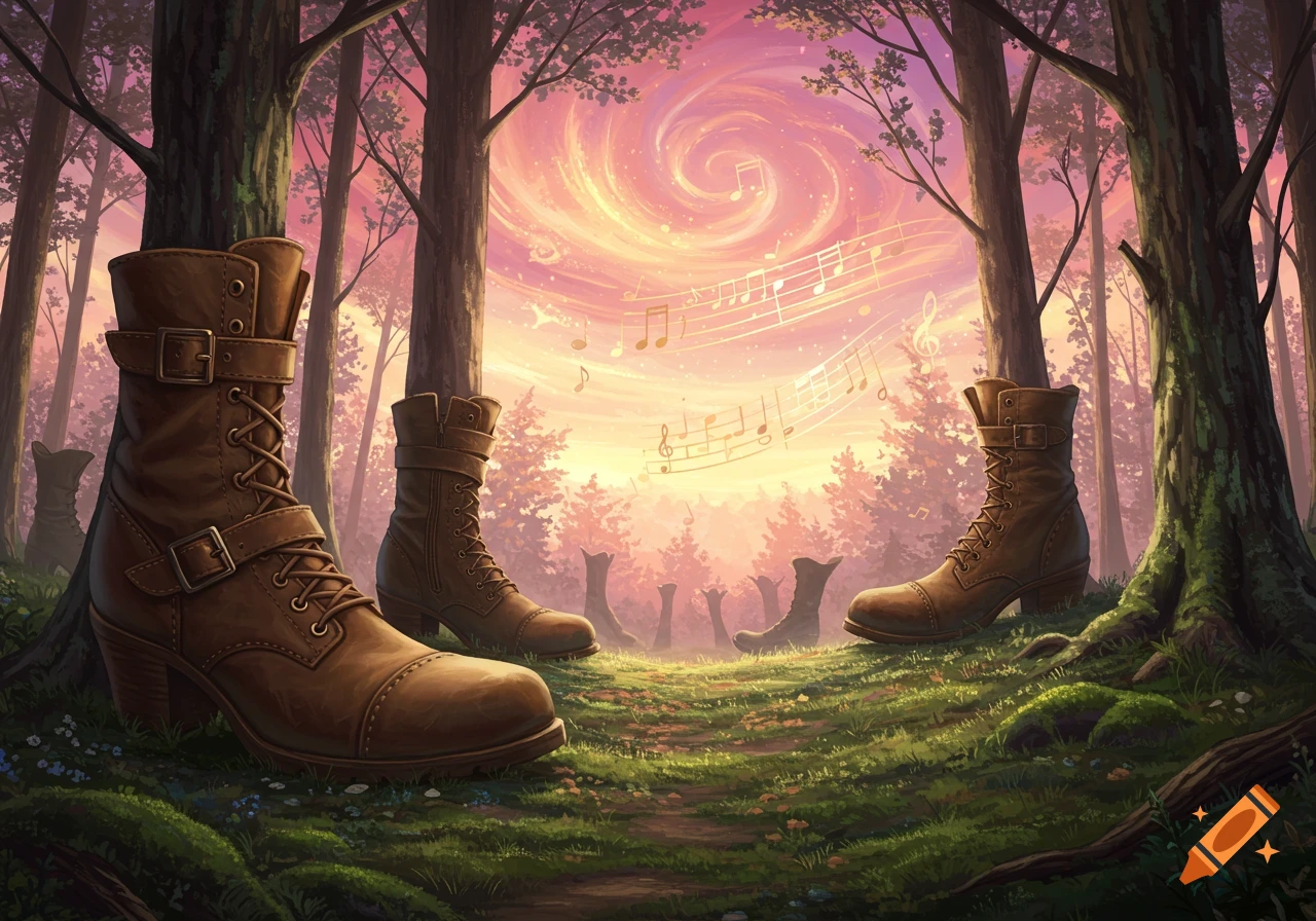 A surreal forest scene at sunset with large brown leather boots on the forest floor, and the sky filled with glowing musical notes and a swirling cloud formation.