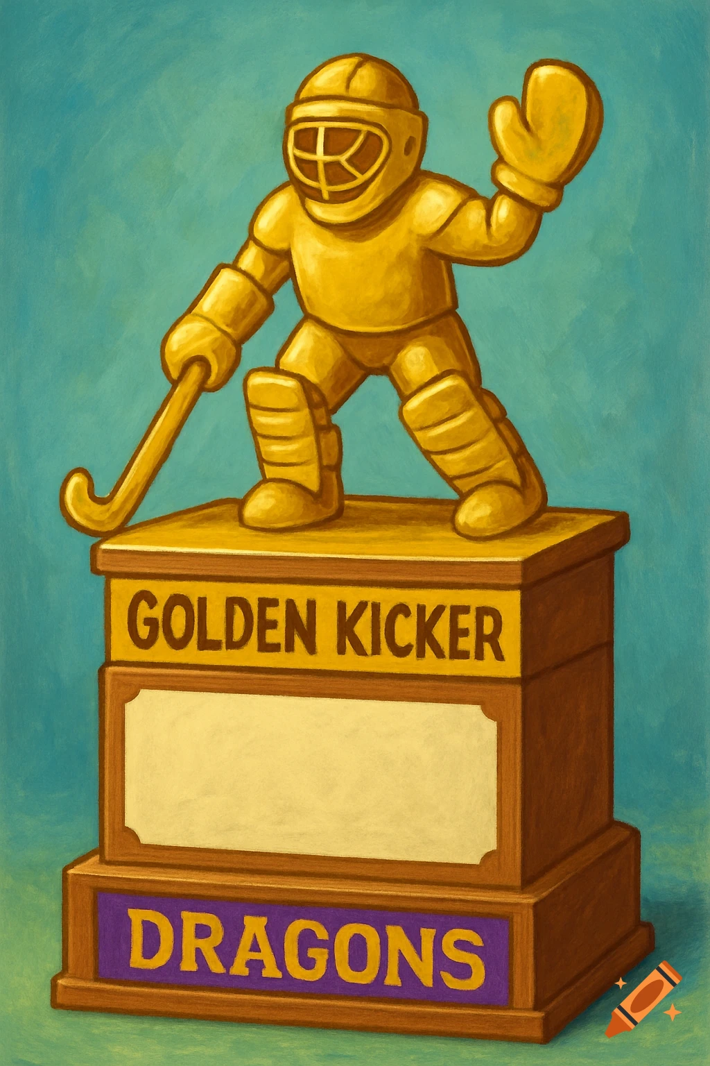 A golden field hockey goalie trophy with 'GOLDEN KICKER' and 'DRAGONS' on its base, depicted in a painterly style.