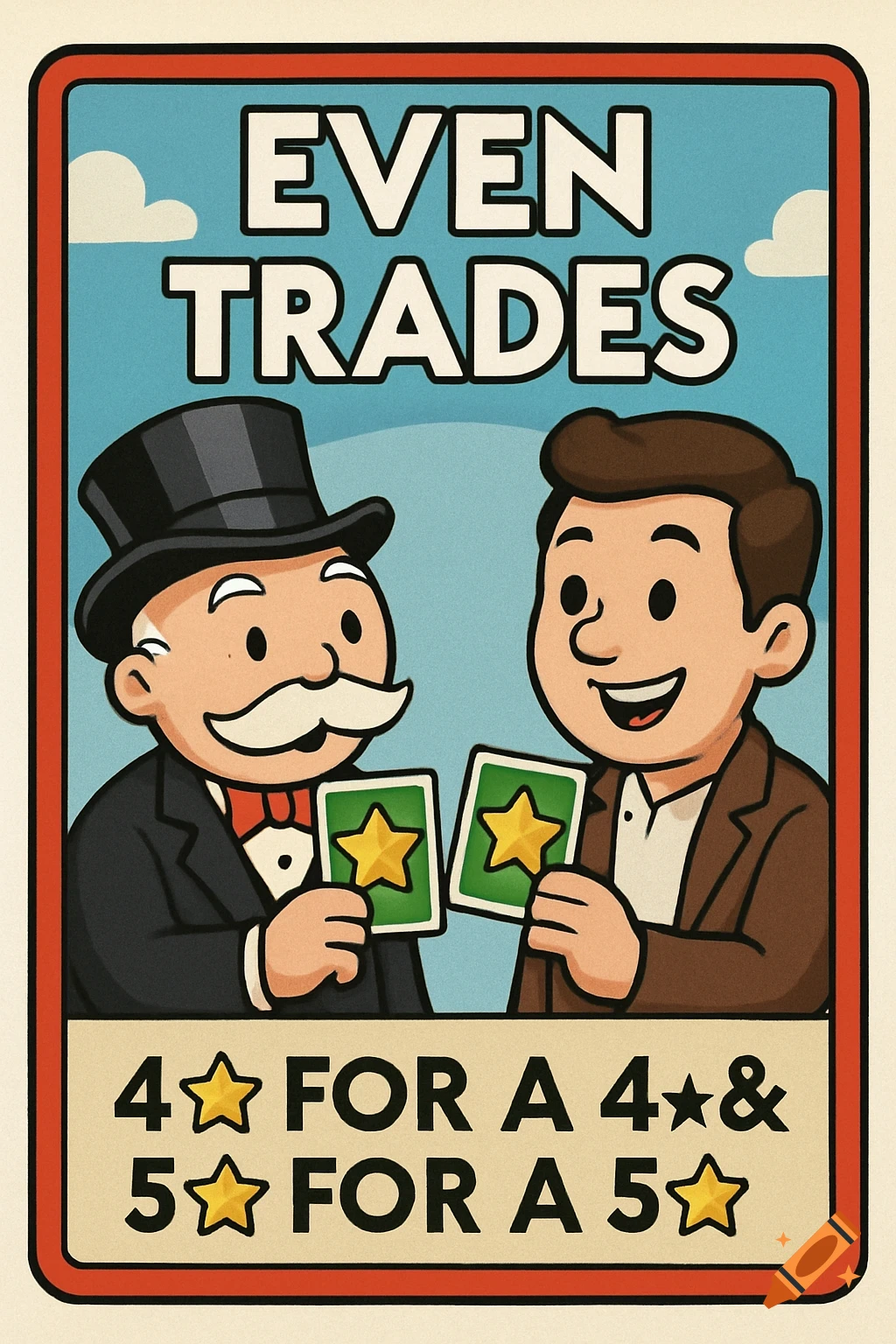 A vintage-style cartoon poster featuring Mr. Monopoly and another man holding star cards. Text reads "EVEN TRADES" and "4 STAR FOR A 4 STAR & 5 STAR FOR A 5 STAR".