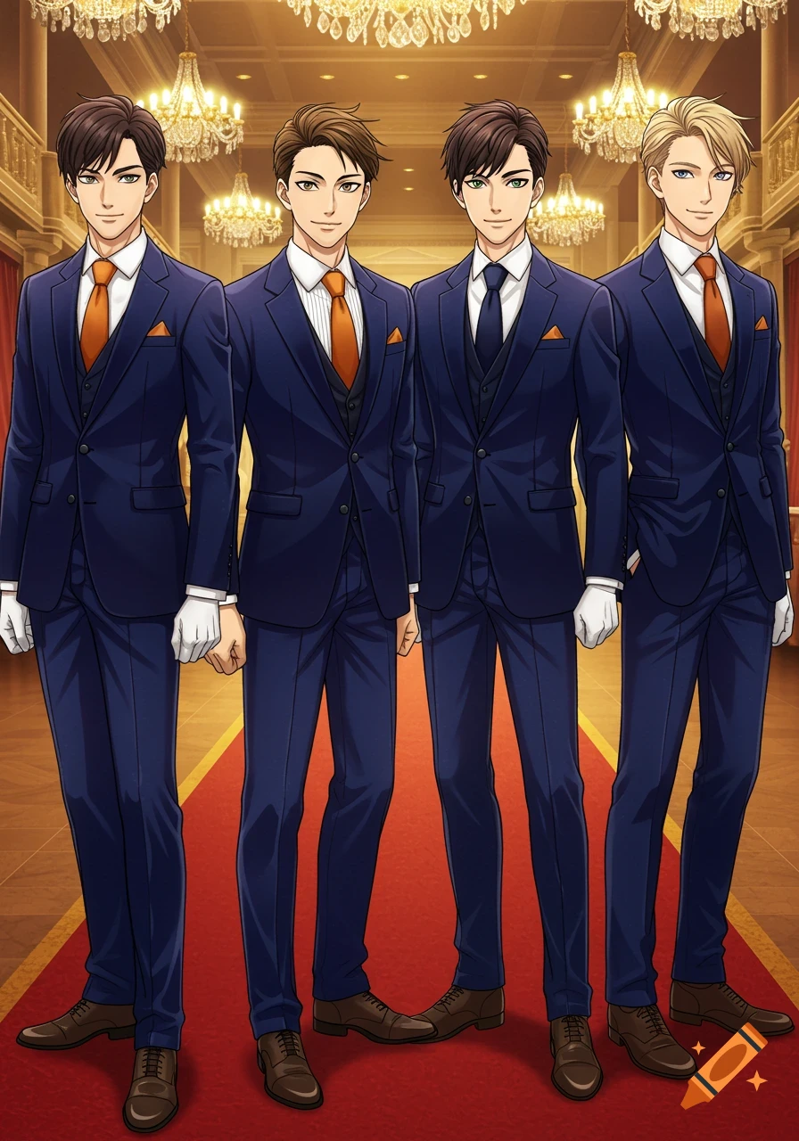 Four anime-style young men in navy suits and orange ties stand on a red carpet in a grand ballroom.