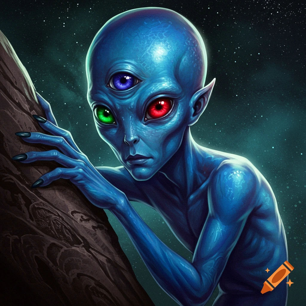 A blue, three-eyed alien with colorful eyes leans against a dark object under a starry sky, detailed illustration.