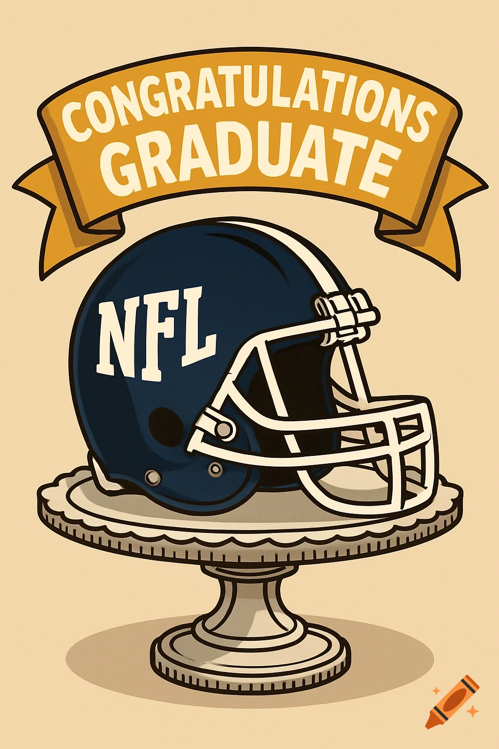 An illustrated NFL helmet on a cake stand under a 'CONGRATULATIONS GRADUATE' banner.