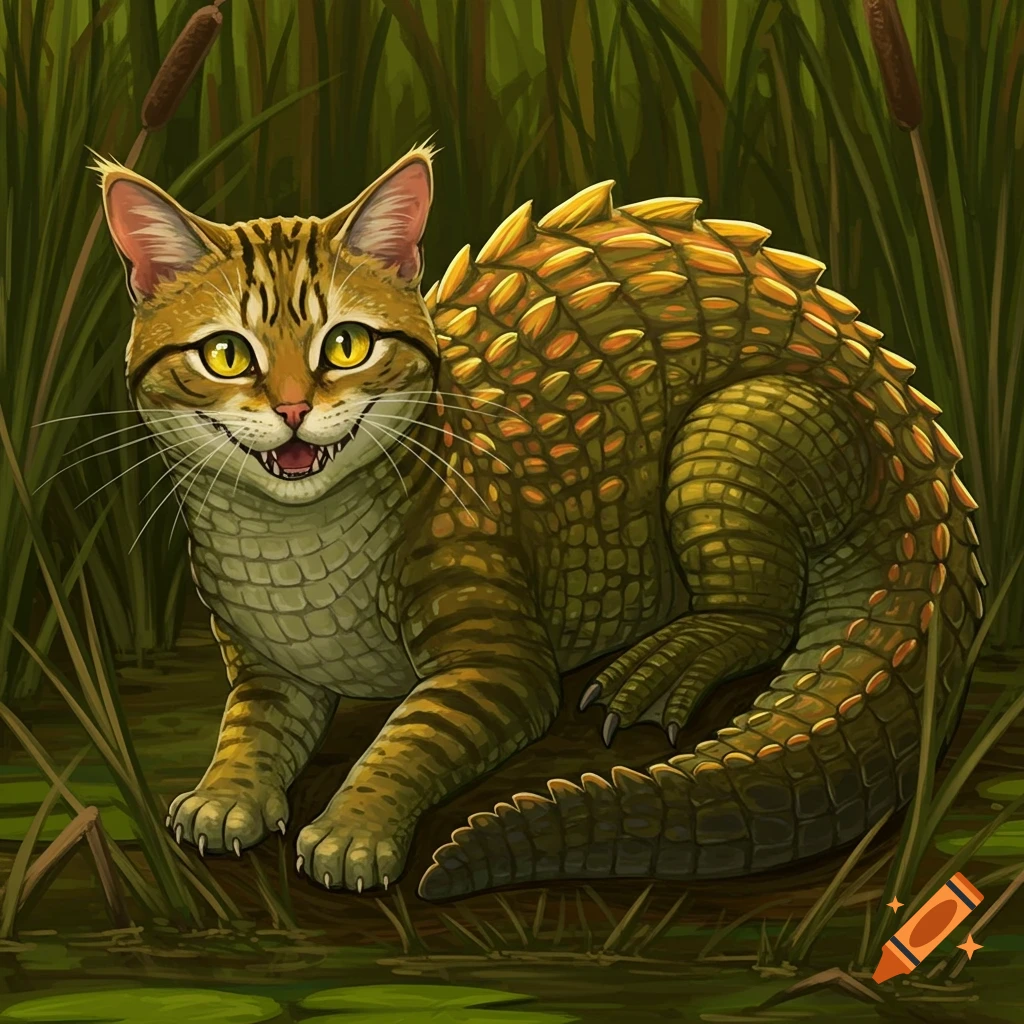 A hybrid creature with a tabby cat's head and front legs, and an alligator's scaly body and tail, resting in a swamp with reeds.