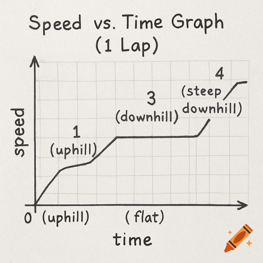 A hand-drawn speed vs. time graph for 1 lap, showing four segments labeled uphill, flat, and two downhill sections, with speed on the y-axis and time on the x-axis.