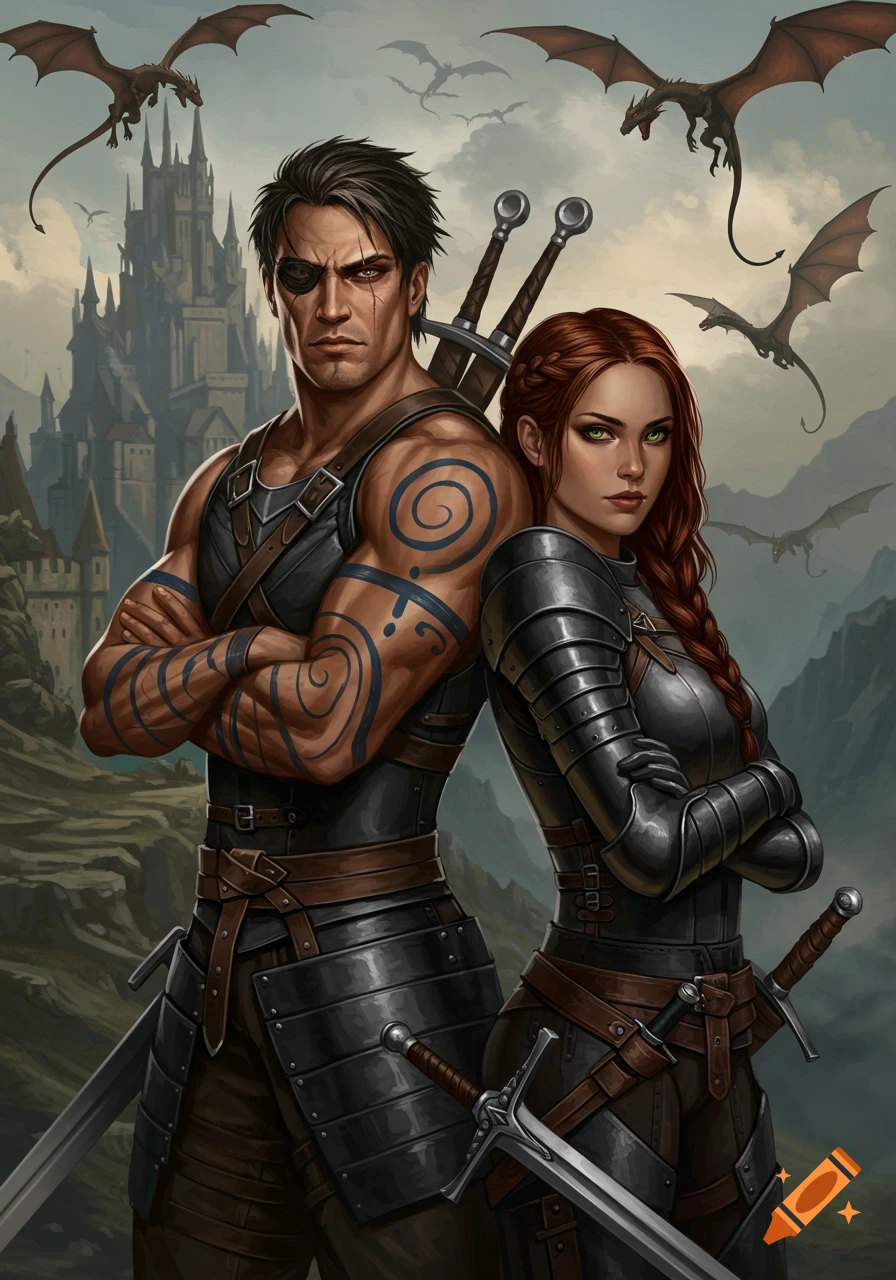 A muscular man and a red-haired woman in armor stand back-to-back, swords on their hips, with a castle and flying dragons in the background.