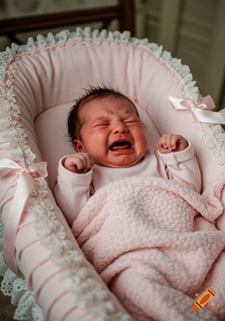 A photorealistic newborn baby girl with dark hair cries in a pink bassinet.
