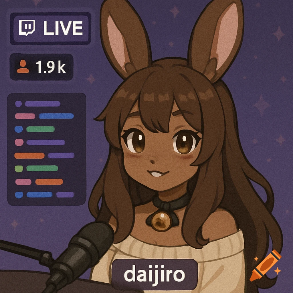 An anime bunny girl character with brown hair and ears streaming online, with a microphone and Twitch-style interface elements.