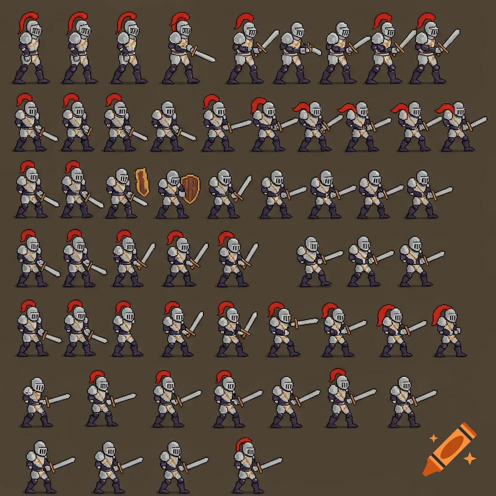 A pixel art sprite sheet depicting a knight in various poses, some with a sword and shield, on a dark background.