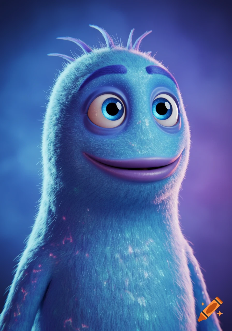 Close-up of a blue fuzzy monster with large blue eyes and a purple mouth, smiling, against a blurred purple background.