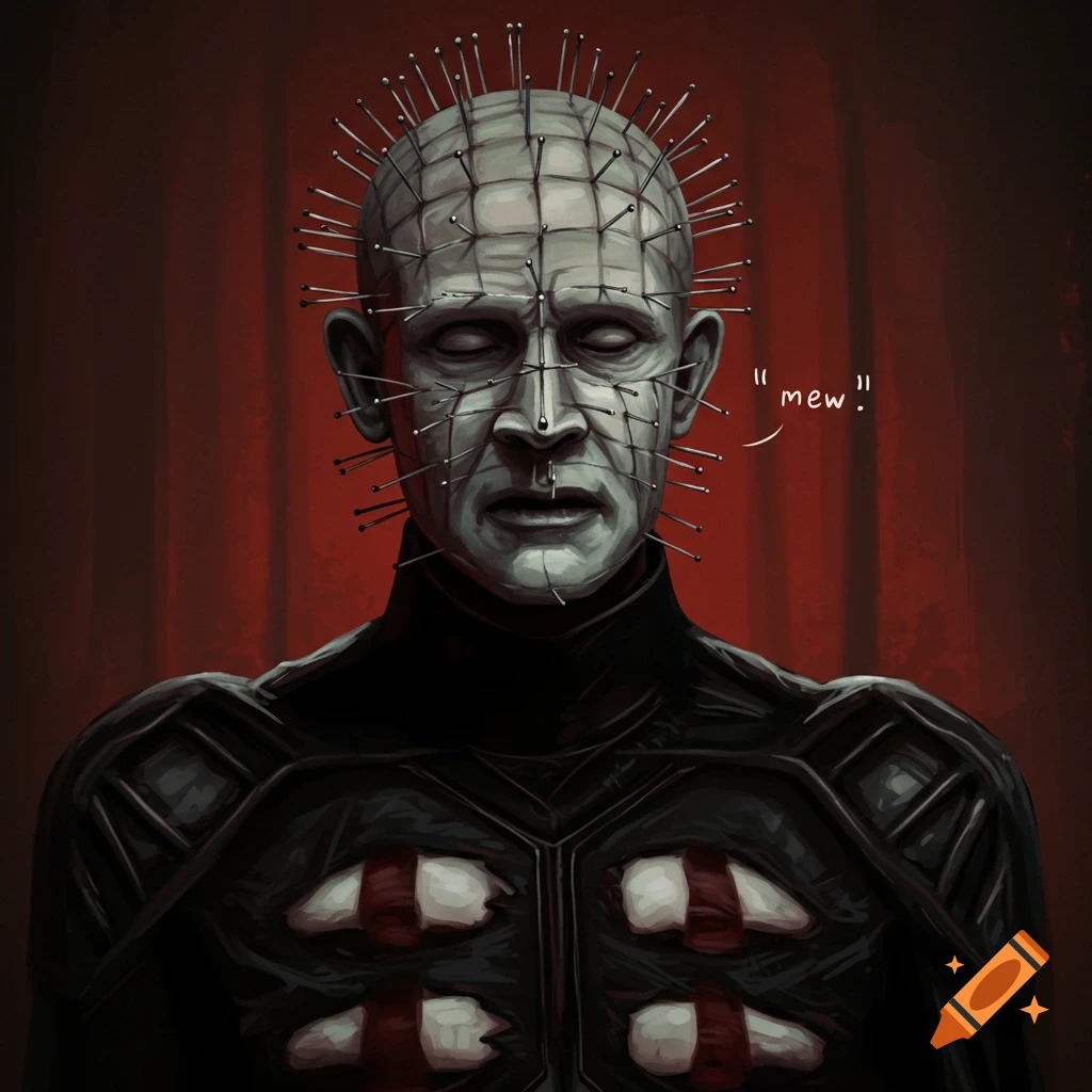 Stylized illustration of Pinhead from Hellraiser, a pale figure with pins in his head and a black outfit, saying "mew."