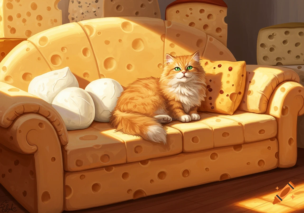 A fluffy orange cat with green eyes sits on a yellow couch made of Swiss cheese, next to white mozzarella balls and a pepper jack cheese pillow, surrounded by large cheese blocks.