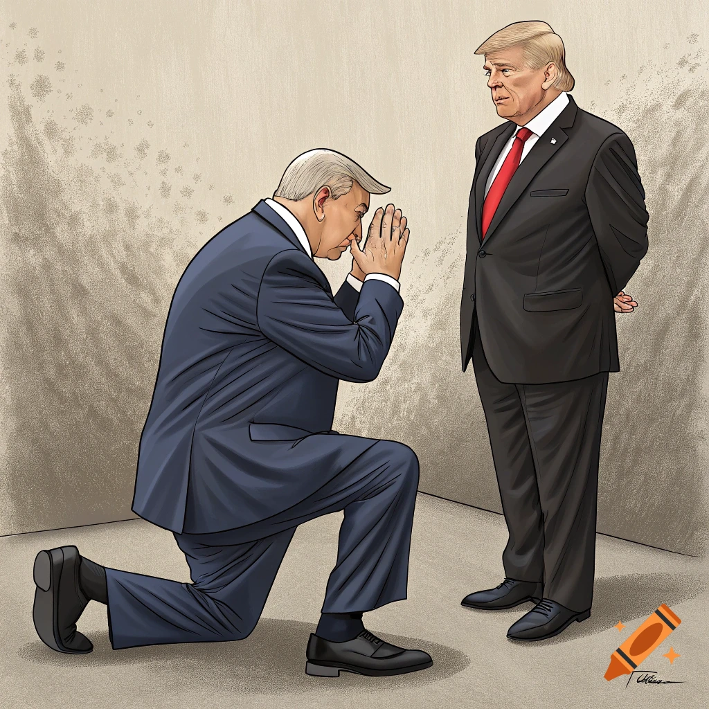 A political cartoon depicts one Donald Trump figure kneeling before another standing Donald Trump, in a simple room.