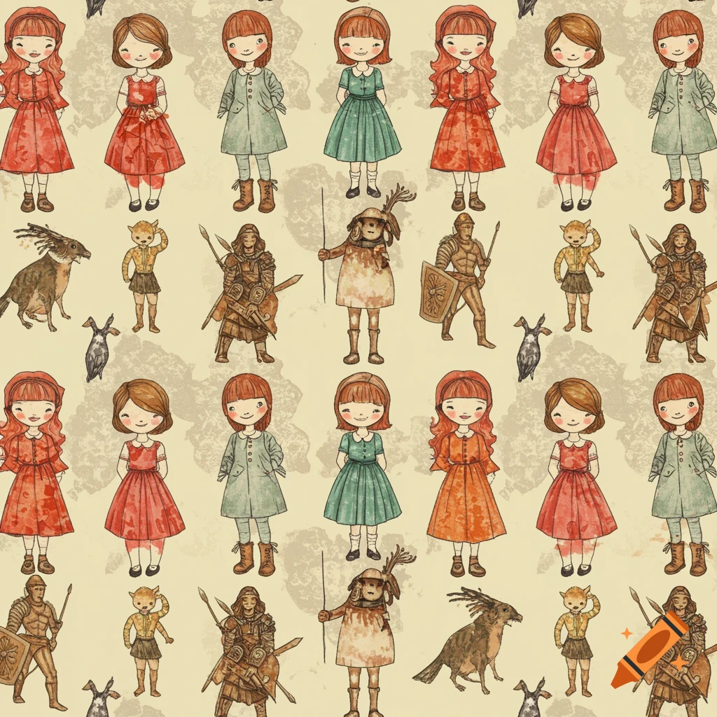 A seamless watercolor pattern featuring girls in vintage dresses, armored figures, and fantastical animals on a textured background.