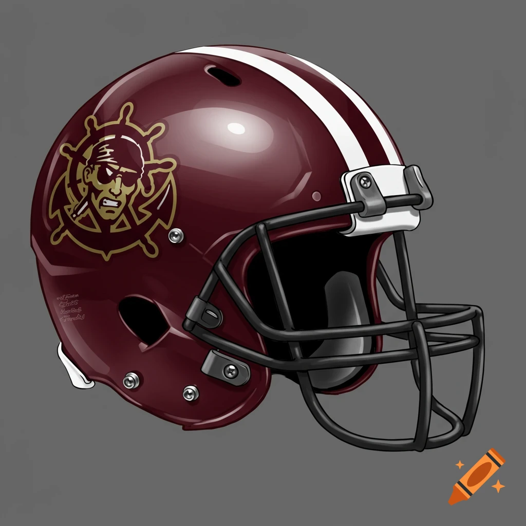 A maroon football helmet with white stripes and a gold pirate logo featuring a skull with an eye patch inside a ship's wheel.