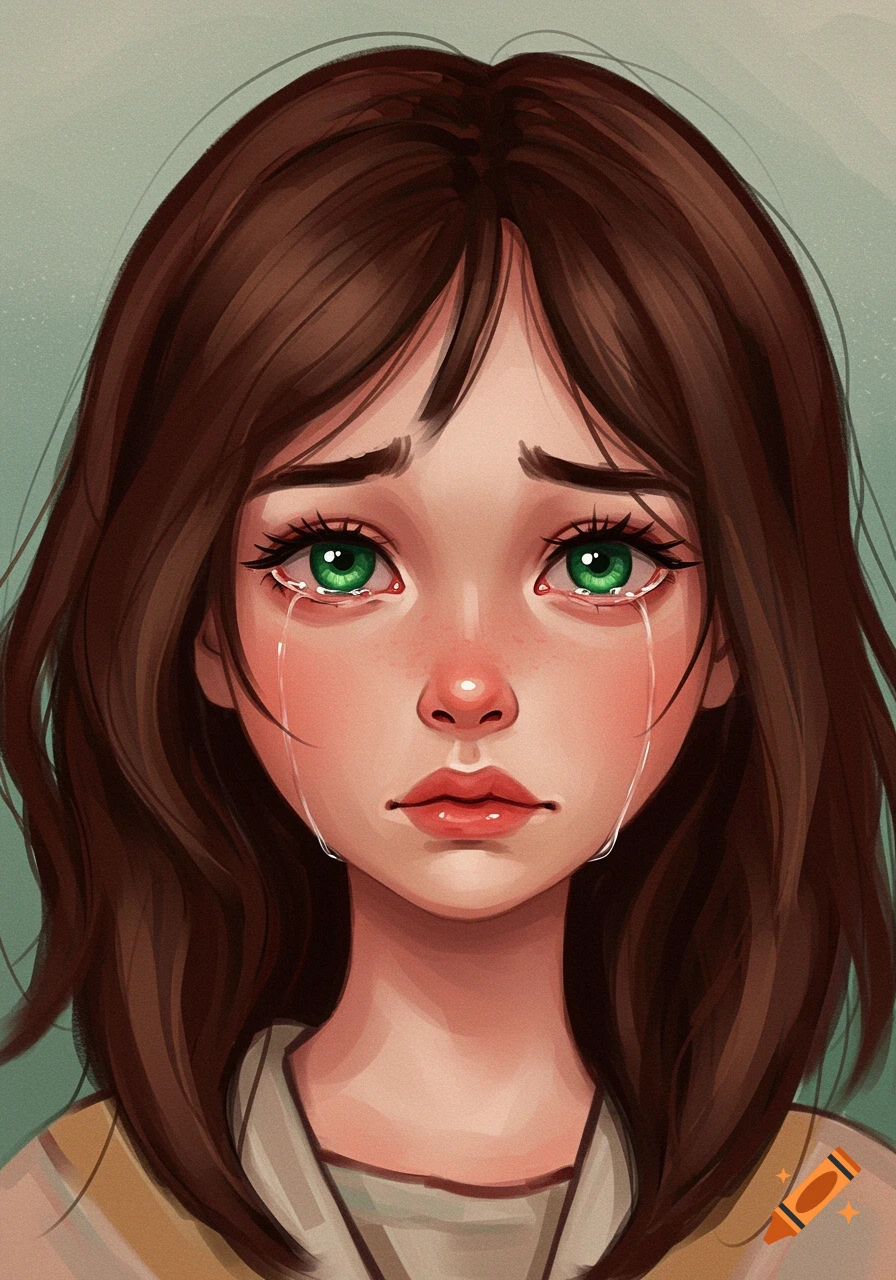 A stylized digital illustration of a young girl with brown hair and green eyes crying, with tears running down her cheeks.
