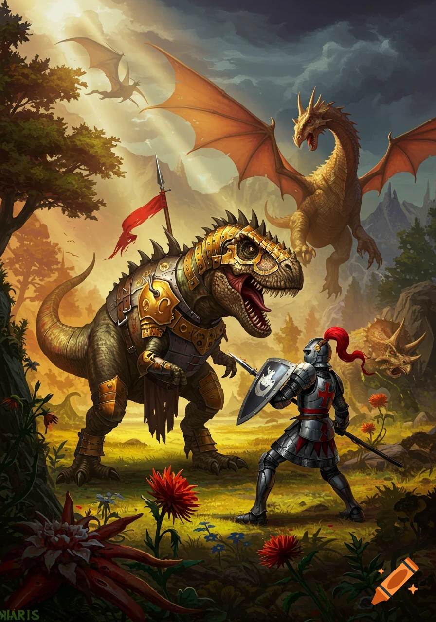A medieval knight in shining armor confronts an armored T-Rex and a flying dragon in a vibrant fantasy landscape.