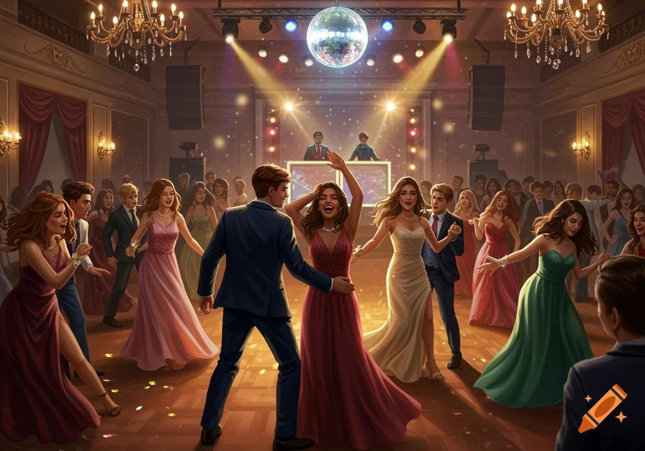 Lively prom night scene with young adults dancing under a disco ball in a grand ballroom.