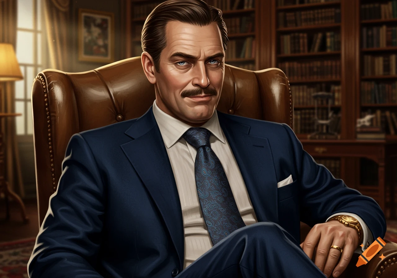 A dapper man with a mustache in a suit sits in a leather armchair in a study.