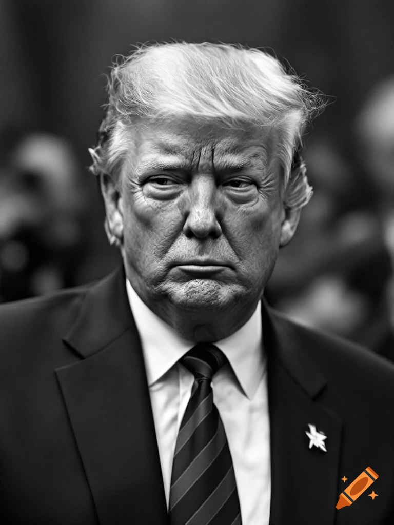 Black and white close-up portrait of Donald Trump in a suit and striped tie, looking sternly downwards.