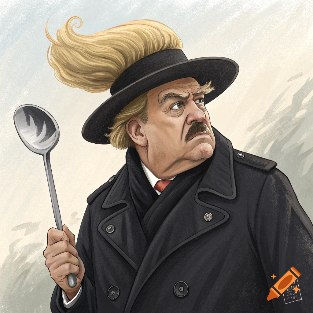 Caricature of a grumpy man with a mustache and large blonde hair wearing a black hat and coat, holding a ladle.
