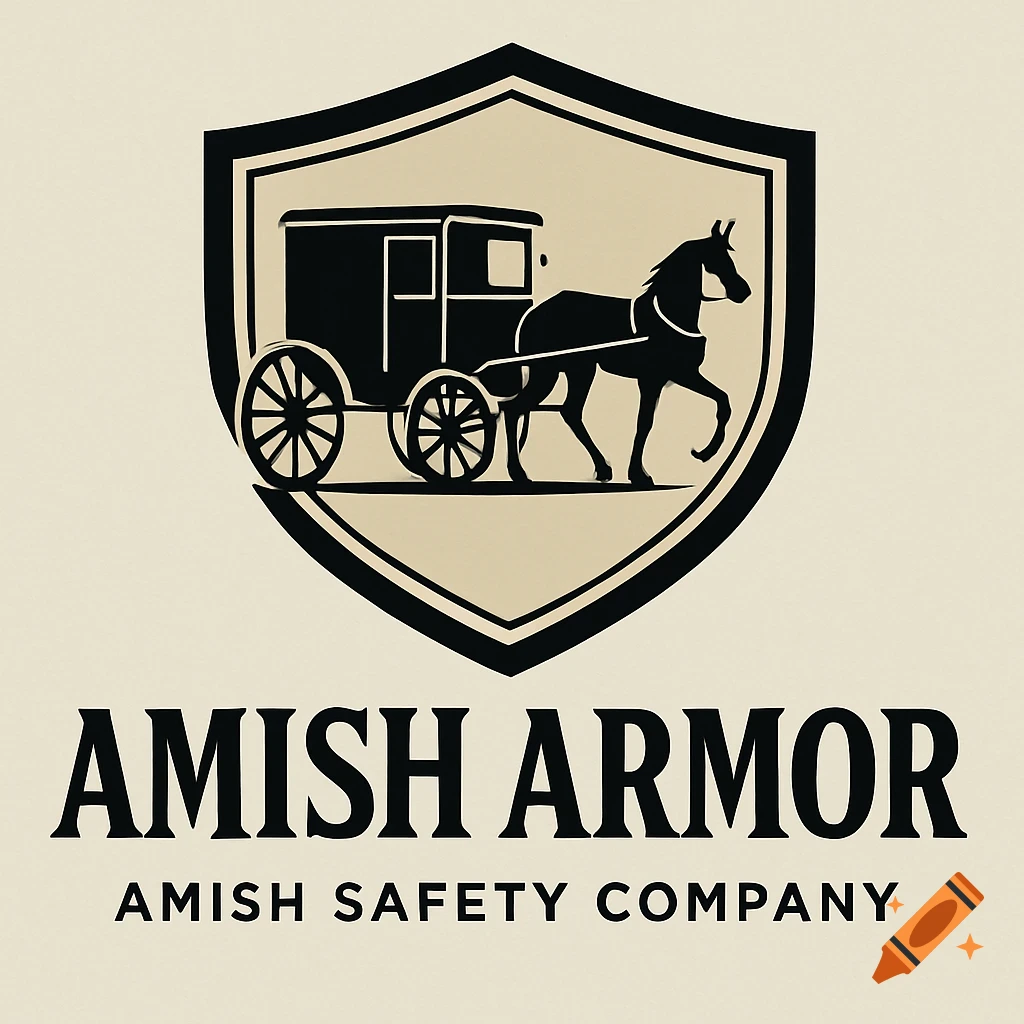 A monochrome logo features an Amish buggy pulled by a horse inside a shield emblem, with text 'AMISH ARMOR AMISH SAFETY COMPANY' below.