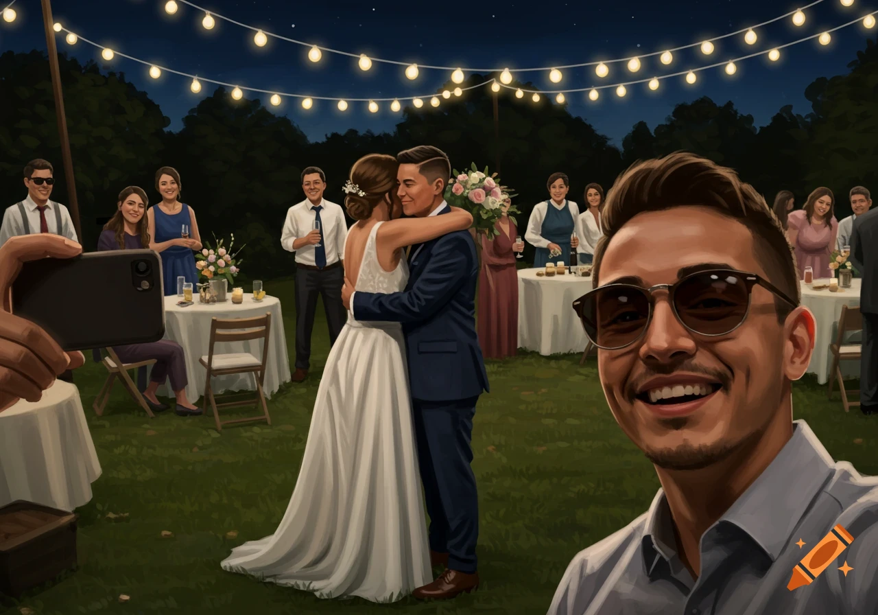 A man takes a selfie at an outdoor night wedding celebration, featuring a couple embracing in the background under string lights.