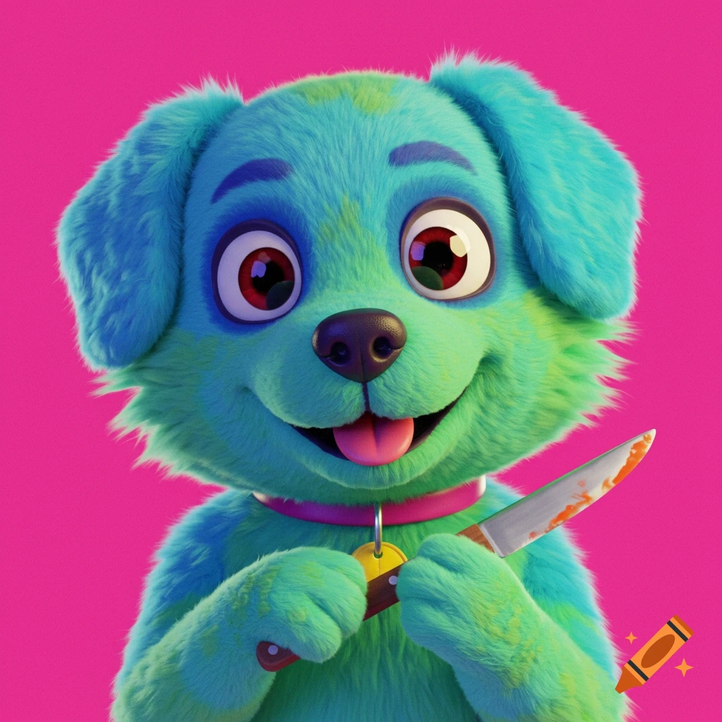 A fluffy, teal and green cartoon puppy with big red eyes and a wide smile holds a bloody knife against a vibrant pink background.