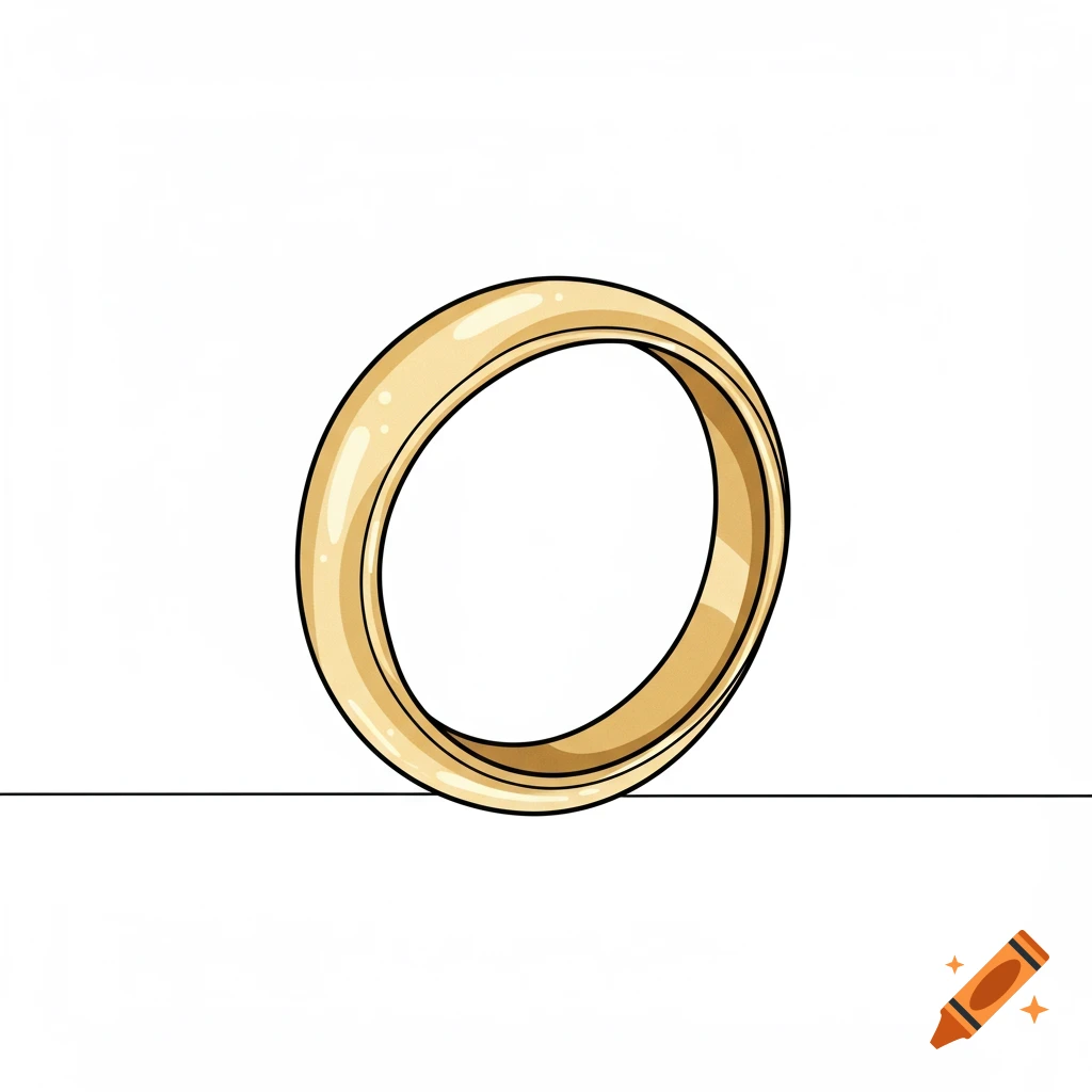 A plain gold ring in line art style, resting on a flat surface.