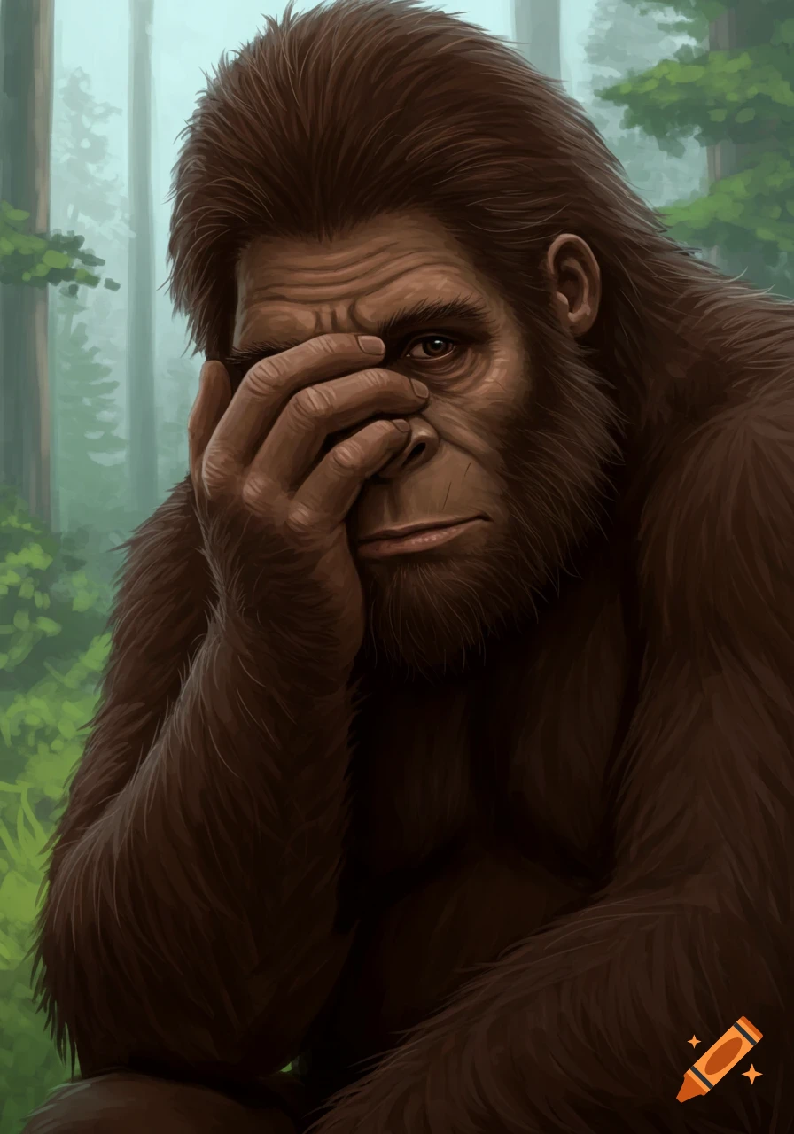 A digital painting of a brown Sasquatch covering its face with one hand, looking embarrassed in a forest.