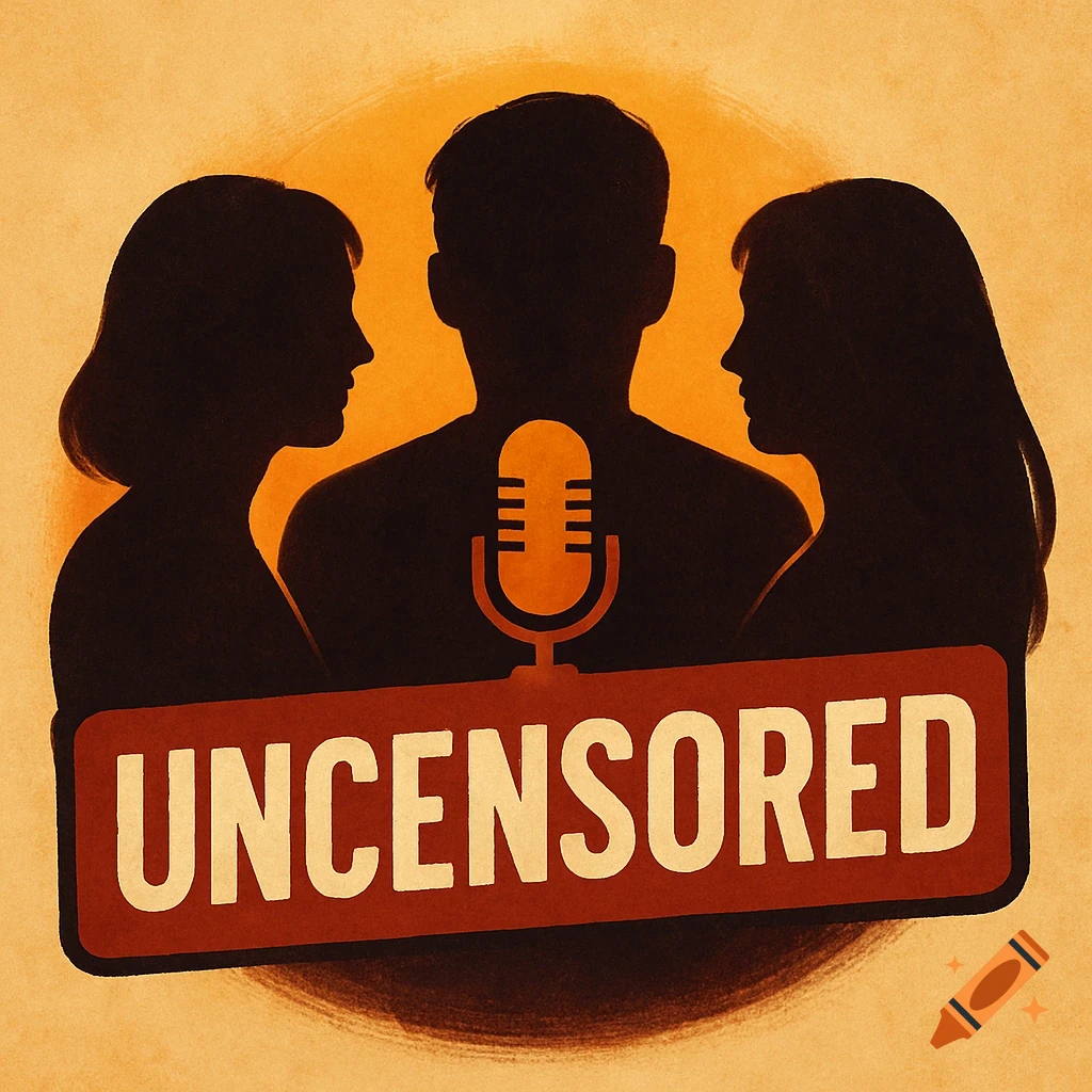 An orange and brown stylized logo shows silhouettes of three people, a man in the center with a microphone, flanked by two women. A red banner reads "UNCENSORED" across the bottom.