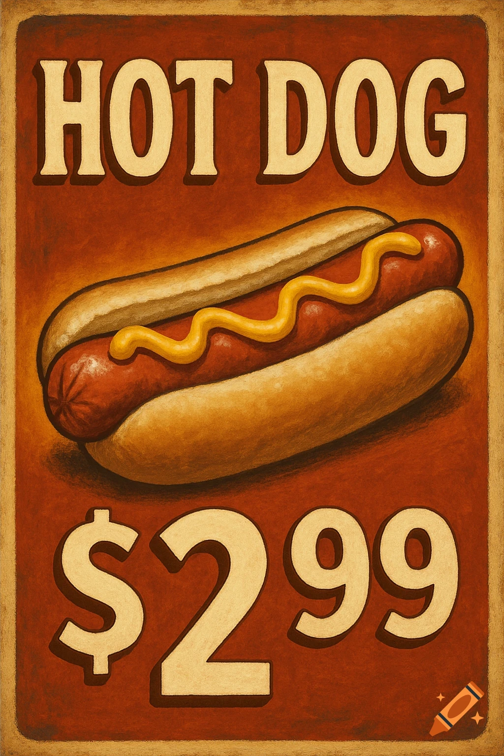 Vintage-style hot dog advertisement poster on a red background with yellow text 'HOT DOG' and '$2.99'.