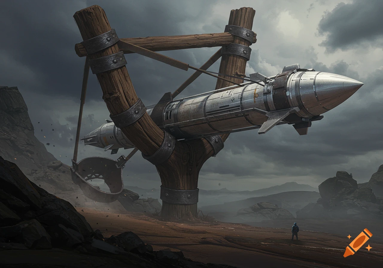 A colossal slingshot holds a large silver missile in a barren, rocky landscape under a stormy sky, with a small figure observing in the distance.