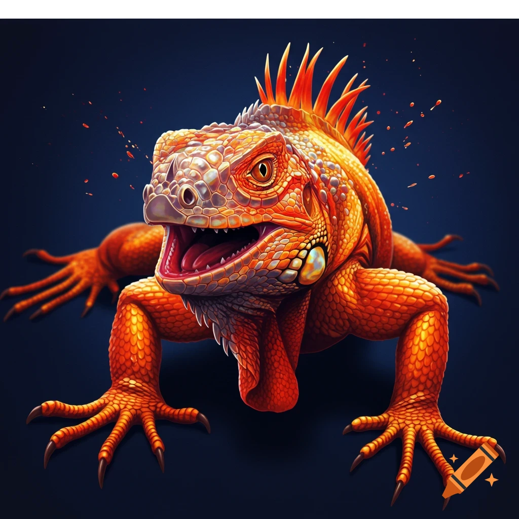 Vibrant orange and red lizard with an open mouth, appearing to lunge forward against a dark background.