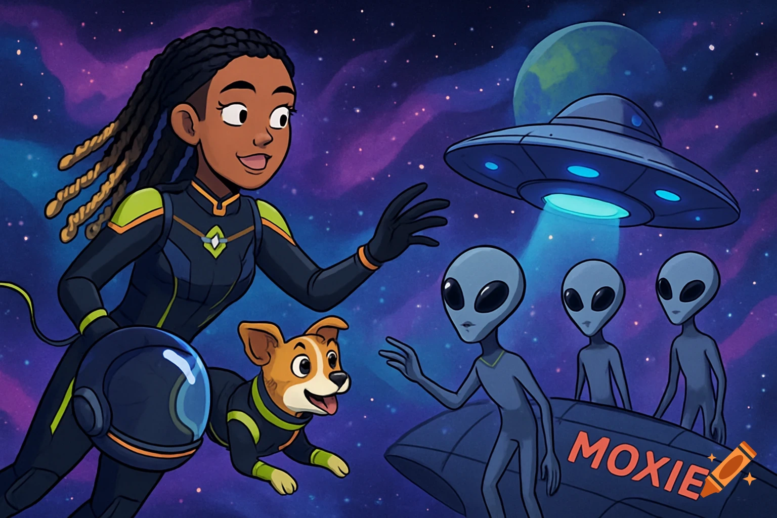 A cartoon astronaut girl and her dog greet three grey aliens next to a UFO named Moxie in vibrant outer space.
