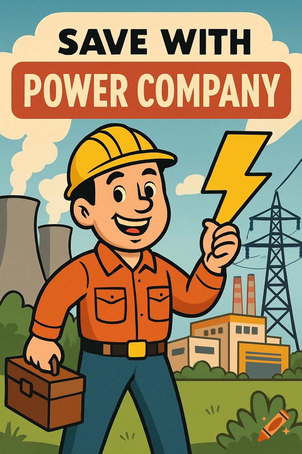 Retro cartoon ad of a smiling utility worker in a hard hat, holding a lightning bolt and toolbox, with power plants. Text: SAVE WITH POWER COMPANY.