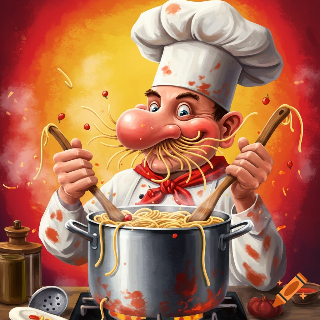 A cartoon chef with spaghetti as nose hairs stirs a pot of spaghetti, set against a vibrant red and orange background.
