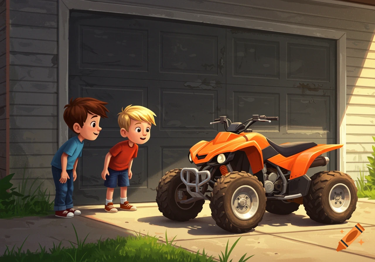 Two cartoon boys looking at an orange quad bike in front of a garage.