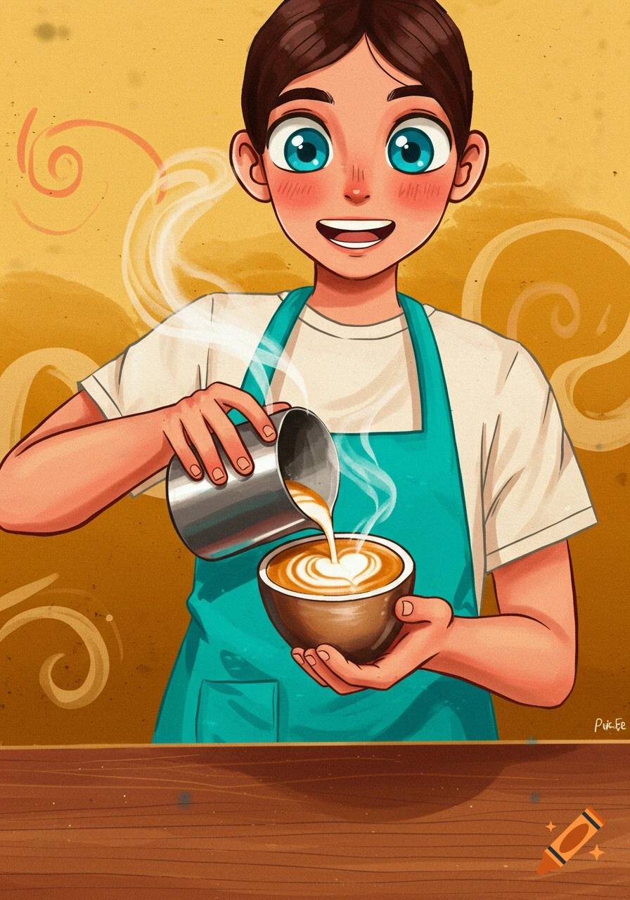 A smiling cartoon barista pours latte art into a brown cup, standing behind a wooden counter in a cafe setting with swirling steam in the background.