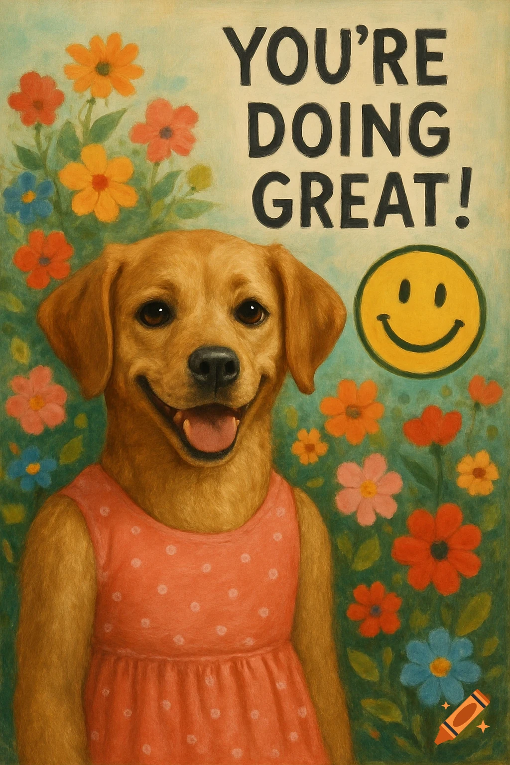 A happy golden retriever in a pink polka dot dress stands among colorful flowers. Text reads "YOU'RE DOING GREAT!" with a smiley face.