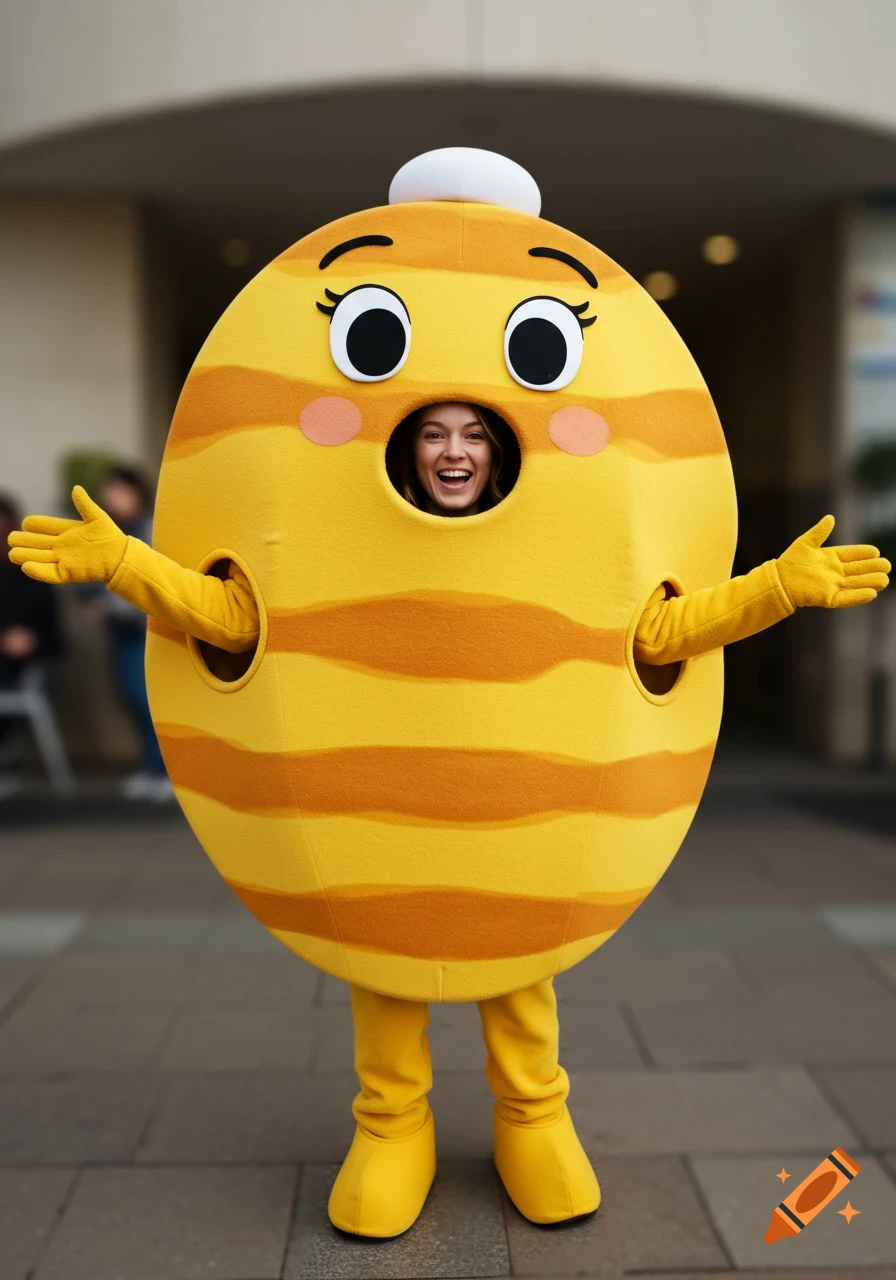 Woman smiling inside a yellow and orange striped pancake mascot costume with outstretched arms.