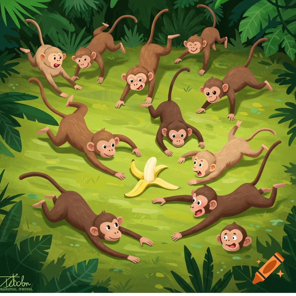 A cartoon illustration of many brown monkeys in a green jungle, some reaching for a peeled banana on the ground.