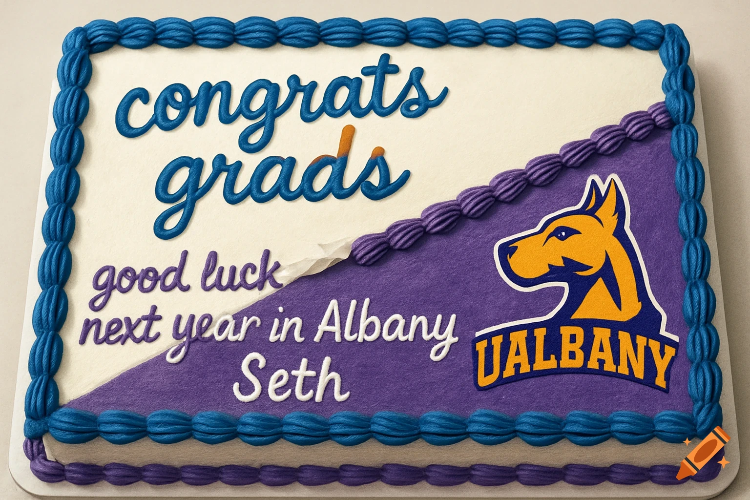 A rectangular graduation cake with 'congrats grads' and 'good luck next year in Albany Seth' text, featuring the UAlbany Great Dane mascot.