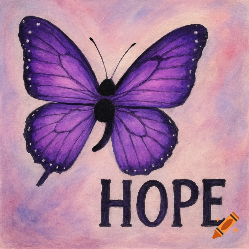 A vibrant purple butterfly with a semicolon-shaped body, above the word 'HOPE' on a painterly pink and purple background.