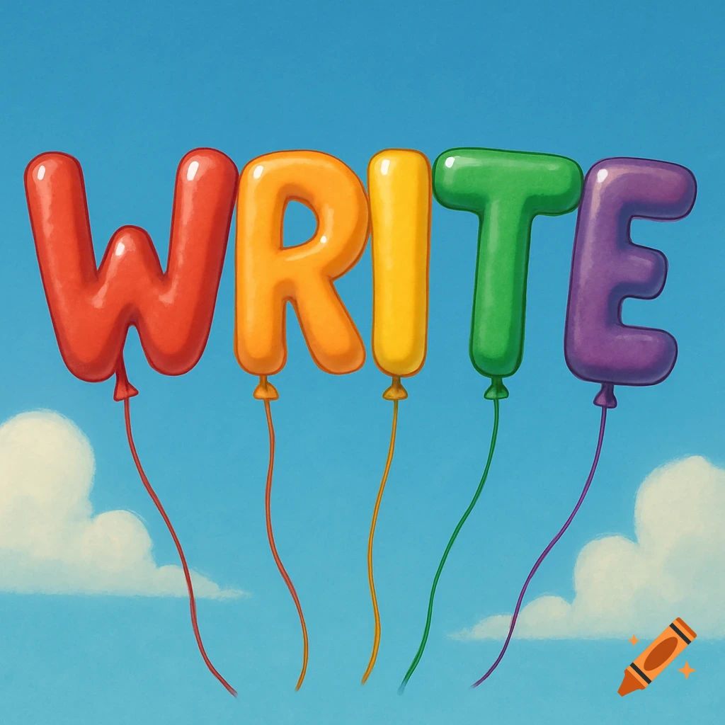 The word WRITE formed by colorful balloon letters floating in a blue sky with white clouds.