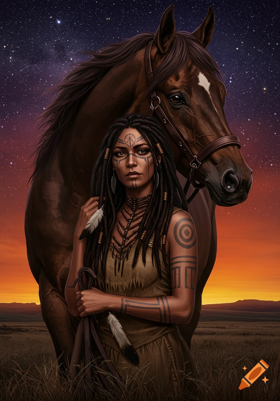 Native woman with dreadlocks and face paint stands beside a horse under a starry, sunset sky in a field.