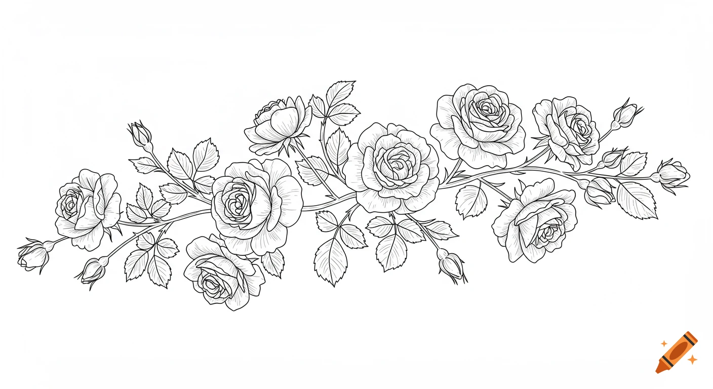 Black and white line art illustration of a rose vine with eight blooming roses and several buds.