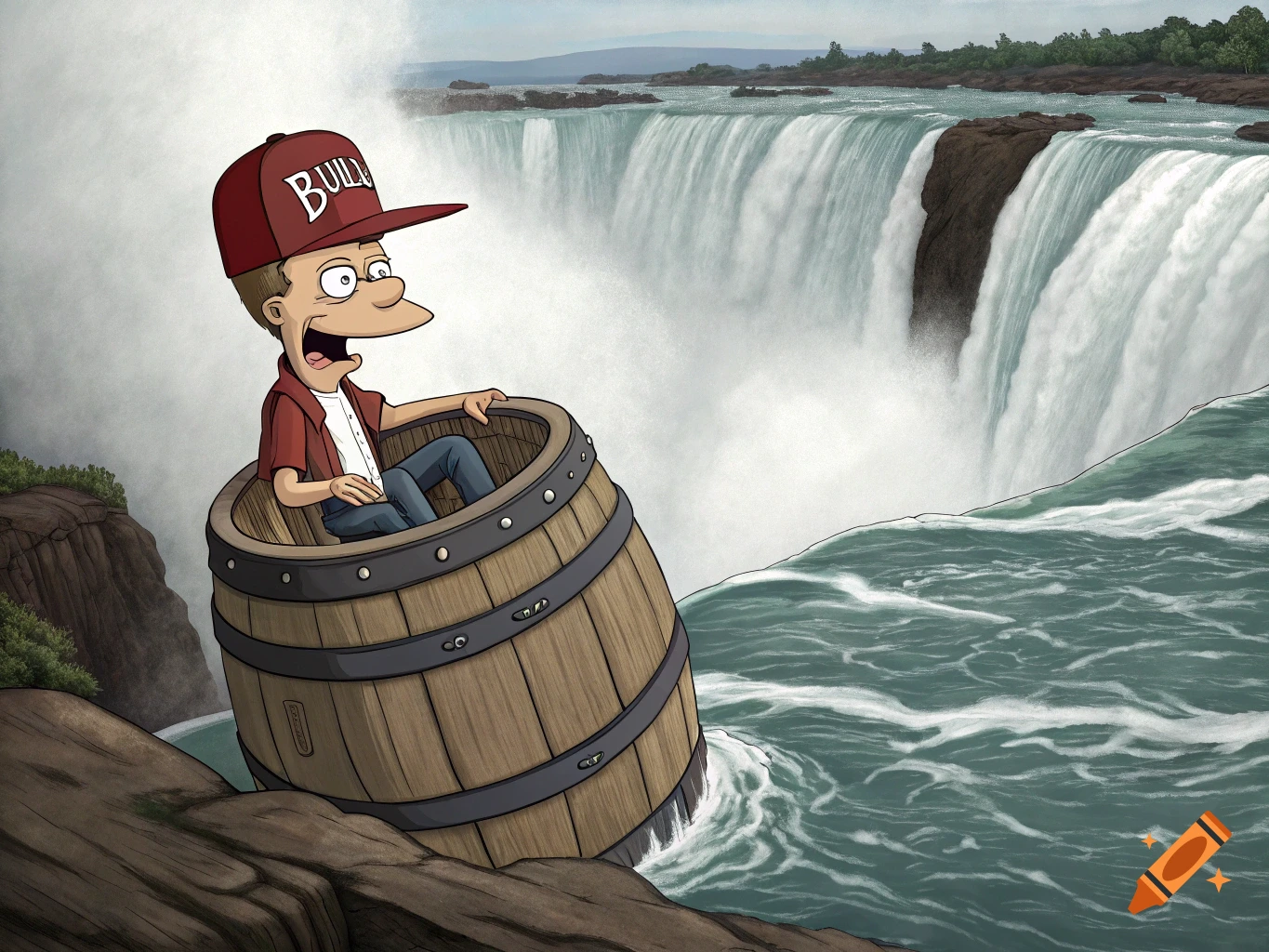 A cartoon man in a red cap and shirt, sitting in a wooden barrel, goes over Niagara Falls.