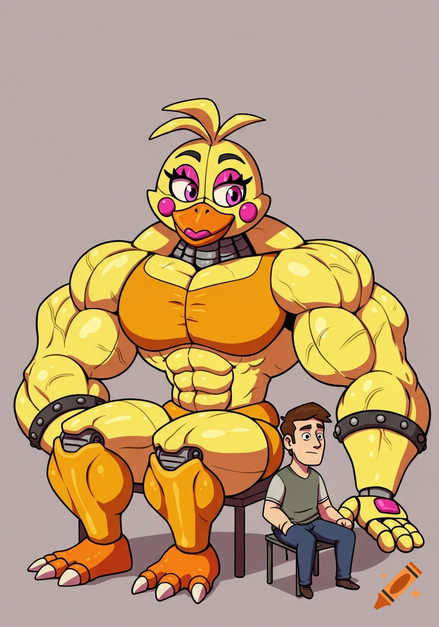 Muscular Funtime Chica sits on a stool next to a smaller man, rendered in a cartoon style.