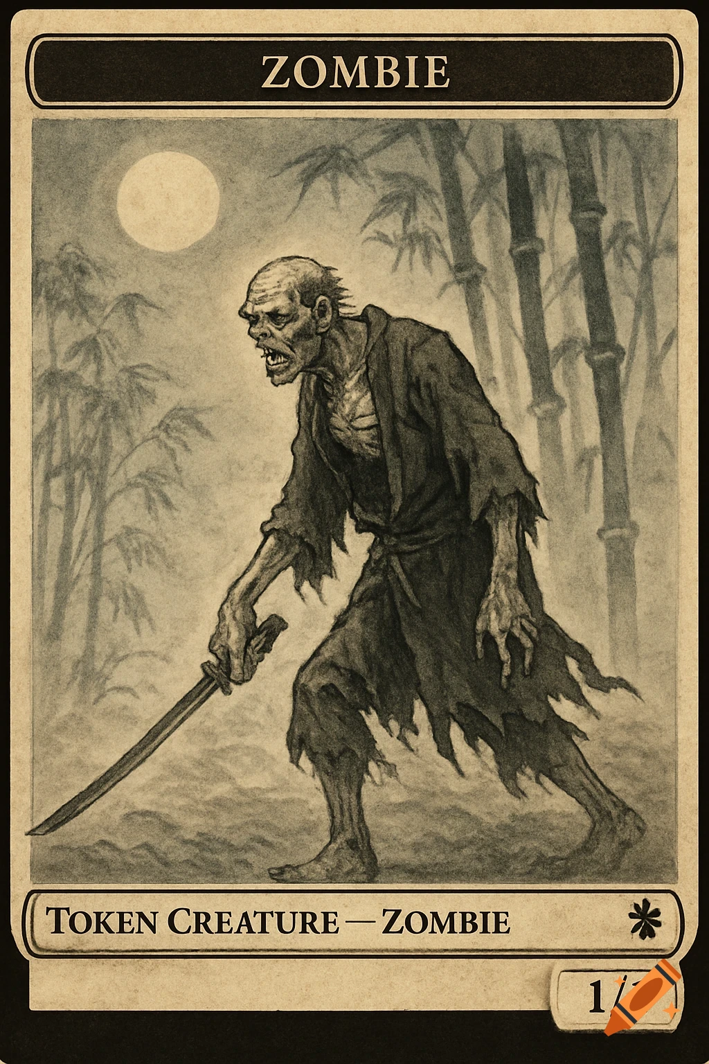 Monochrome Japanese ink painting of a zombie with a katana in a bamboo forest under moonlight, designed as a Magic: The Gathering token card.