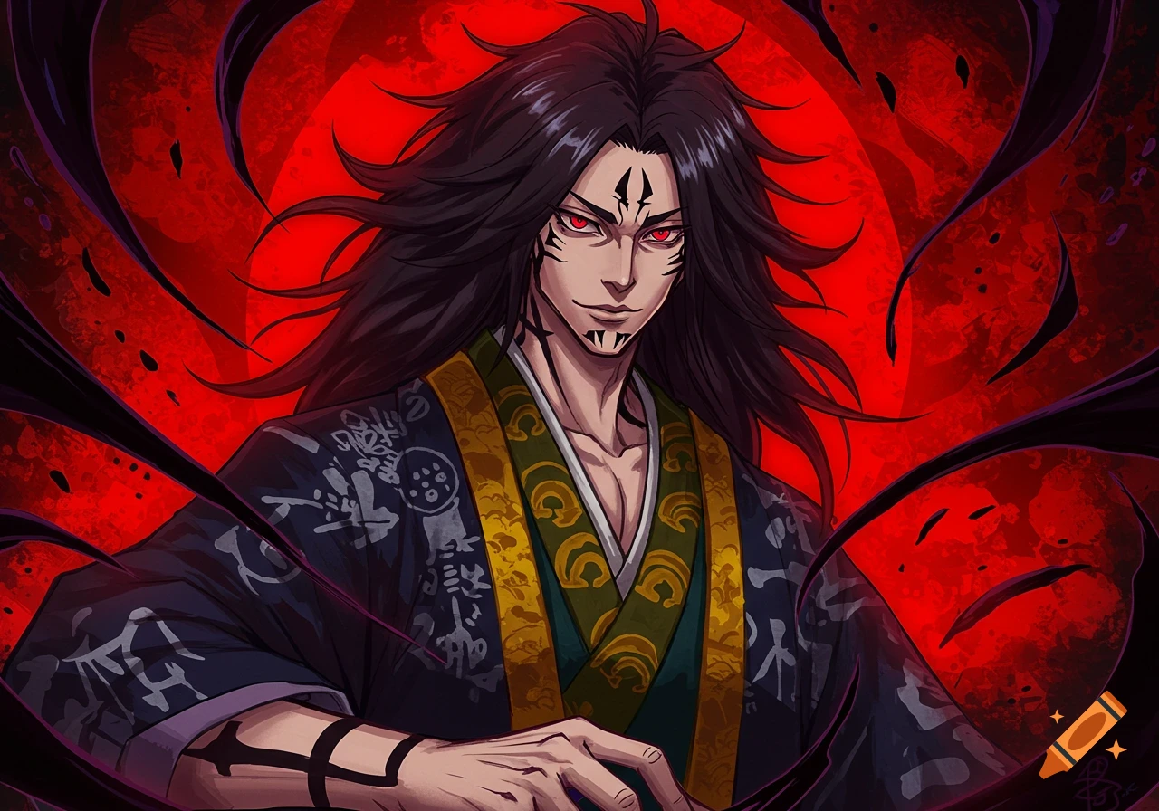An anime character with long black hair, red eyes, and tribal markings on his face and arms, wearing a dark blue and green kimono against a red background with black swirls.